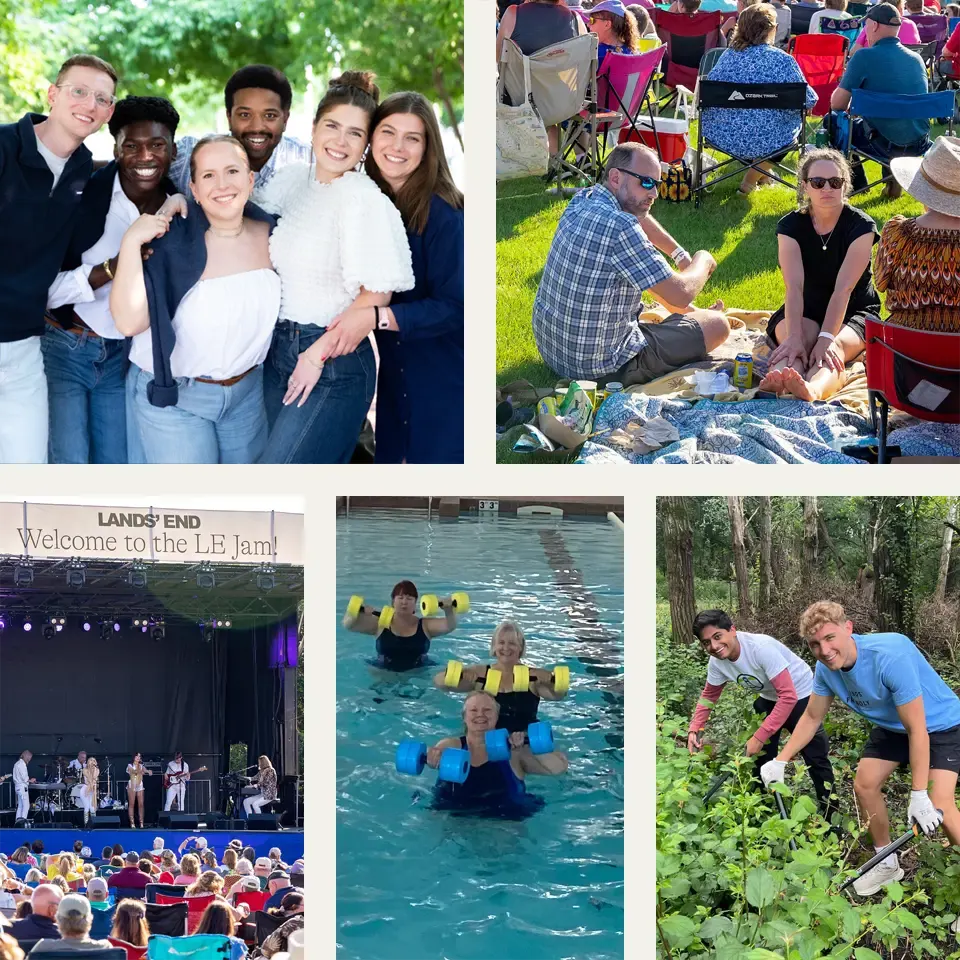 A collage of Lands’ End employees at company events like a concert, swim classes, and volunteering.
